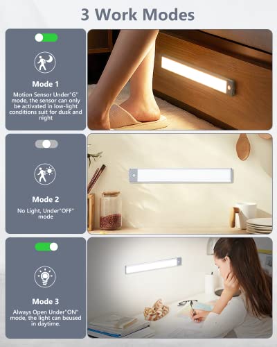 3 Color Temperatures Motion Sensor Closet Light, 60-LED Under Cabinet Lighting, Wireless USB Rechargeable Battery Powered Operated Lights, Magnetic Motion Activated Kitchen Cupboard Night Light-2 Pack