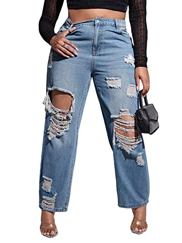 WDIRARA Women's Plus Size Ripped High Waist Cut Out Straight Leg Jeans Denim Pants Light Wash 2XL