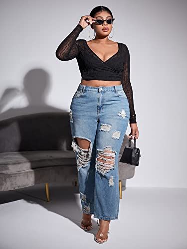 WDIRARA Women's Plus Size Ripped High Waist Cut Out Straight Leg Jeans Denim Pants Light Wash 2XL