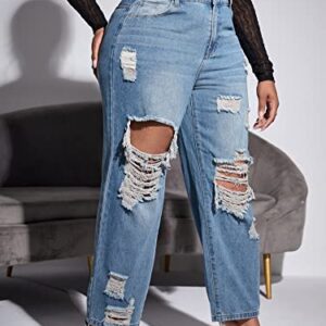 WDIRARA Women's Plus Size Ripped High Waist Cut Out Straight Leg Jeans Denim Pants Light Wash 2XL