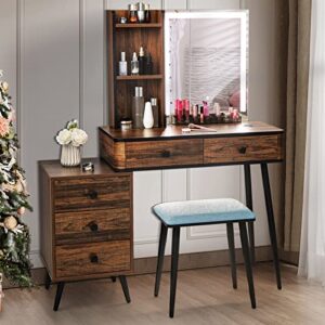 charmaid vanity set with dimmable lighted mirror, 3 lighting modes, human body induction, side cabinet, 2 drawers, storage shelves, cosmetic tray, makeup table dressing desk with stool (rustic brown)
