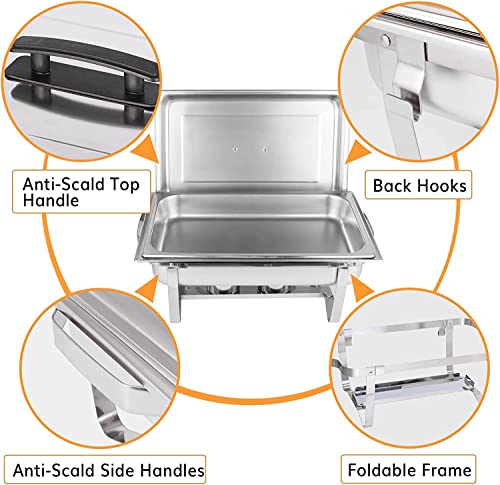 4 Packs Chafing Dish Buffet Set: 9 QT Stainless Steel Buffet Servers - 9 Quart Food Warmer with Fuel Holder & Water Pan - Complete Chafer Set for Parties Wedding Banquet Catering Event