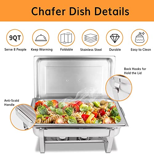 4 Packs Chafing Dish Buffet Set: 9 QT Stainless Steel Buffet Servers - 9 Quart Food Warmer with Fuel Holder & Water Pan - Complete Chafer Set for Parties Wedding Banquet Catering Event