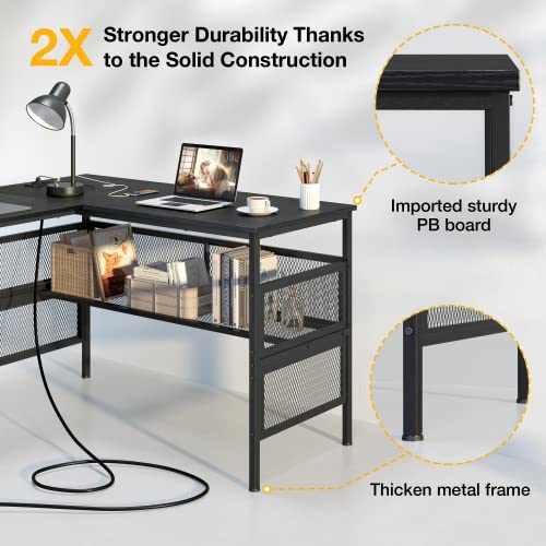 Mr IRONSTONE Computer Desk with Power Outlet, L Shaped Desk with Storage Shelves, Corner Gaming Desk with USB Charging Port for Home Office for Studying/Writing/Gaming - Willow Black