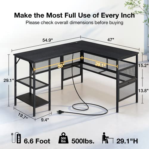 Mr IRONSTONE Computer Desk with Power Outlet, L Shaped Desk with Storage Shelves, Corner Gaming Desk with USB Charging Port for Home Office for Studying/Writing/Gaming - Willow Black