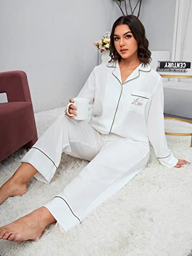 WDIRARA Women's Plus Size Letter Print 2 Piece Satin Pajama Set Silk Shirt and Pants Sets White 1XL