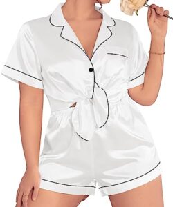 swomog women's plus size pajama set silk satin pajamas short sleeve 2 piece sleepwear button down bride loungewear set white