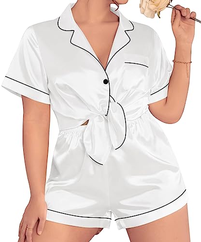 SWOMOG Women's Plus Size Pajama Set Silk Satin Pajamas Short Sleeve 2 piece Sleepwear Button Down Bride Loungewear Set White