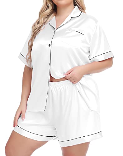 SWOMOG Women's Plus Size Pajama Set Silk Satin Pajamas Short Sleeve 2 piece Sleepwear Button Down Bride Loungewear Set White