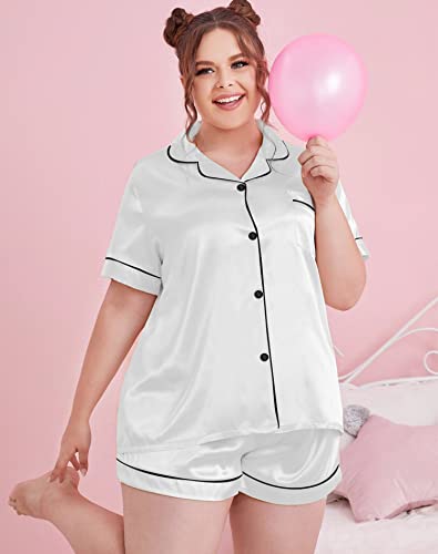 SWOMOG Women's Plus Size Pajama Set Silk Satin Pajamas Short Sleeve 2 piece Sleepwear Button Down Bride Loungewear Set White