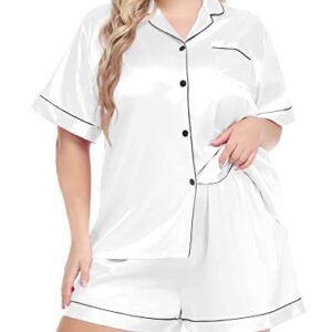 SWOMOG Women's Plus Size Pajama Set Silk Satin Pajamas Short Sleeve 2 piece Sleepwear Button Down Bride Loungewear Set White