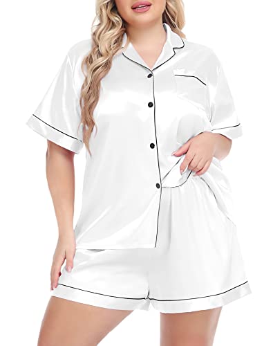 SWOMOG Women's Plus Size Pajama Set Silk Satin Pajamas Short Sleeve 2 piece Sleepwear Button Down Bride Loungewear Set White