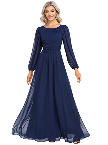 Ever-Pretty Womens Floor Length Long Sleeve Empire Waist A-Line Maxi Bridesmaid Dress Navy Blue US14