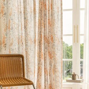 suouo printed semi sheer curtains linen textured for living room floral pattern farmhouse style light filtering window drapes for bedroom dining 52 x 84 inches long rod pocket 2 panels orange leaf