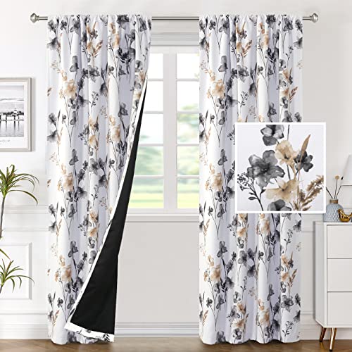 H.VERSAILTEX 100% Blackout Curtains for Bedroom Cattleya Floral Printed Drapes 84 Inches Long Leah Floral Pattern Full Light Blocking Drapes with Black Liner Rod Pocket 2 Panels, Grey/Taupe