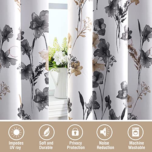 H.VERSAILTEX 100% Blackout Curtains for Bedroom Cattleya Floral Printed Drapes 84 Inches Long Leah Floral Pattern Full Light Blocking Drapes with Black Liner Rod Pocket 2 Panels, Grey/Taupe