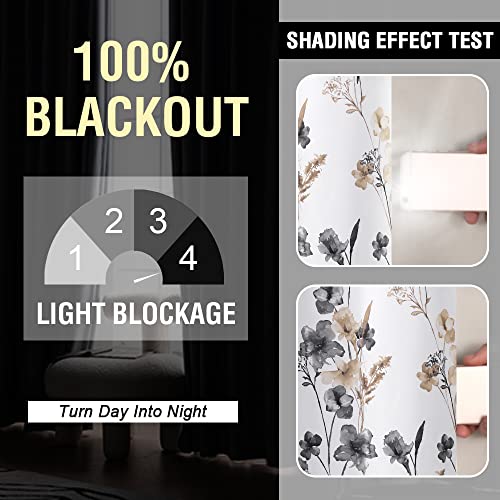 H.VERSAILTEX 100% Blackout Curtains for Bedroom Cattleya Floral Printed Drapes 84 Inches Long Leah Floral Pattern Full Light Blocking Drapes with Black Liner Rod Pocket 2 Panels, Grey/Taupe