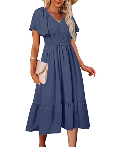 MEROKEETY Womens V Neck Smocked Midi Dress Ruffle Sleeve Elastic Waist Flowy Dress with Pockets, Dustyblue, S