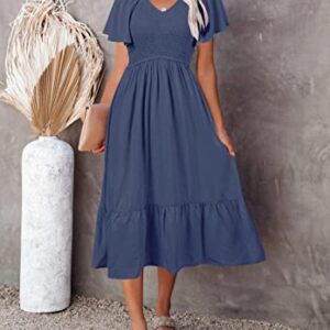 MEROKEETY Womens V Neck Smocked Midi Dress Ruffle Sleeve Elastic Waist Flowy Dress with Pockets, Dustyblue, S