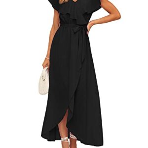 BTFBM Women's Summer Chiffon Maxi Dresses Deep V Neck Ruffle Short Sleeve Beach Party Cocktail Flowy Wrap Dress with Belt(Solid Black, X-Large)