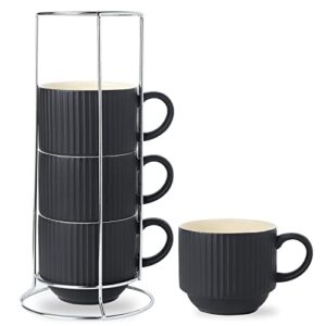 hasense coffee mug ceramic set of 4 with stand - 15 oz stackable large porcelain ribbed latte cup set for cappuccino, tea, hot cocoa, drinks - dishwasher & microwave safe, black
