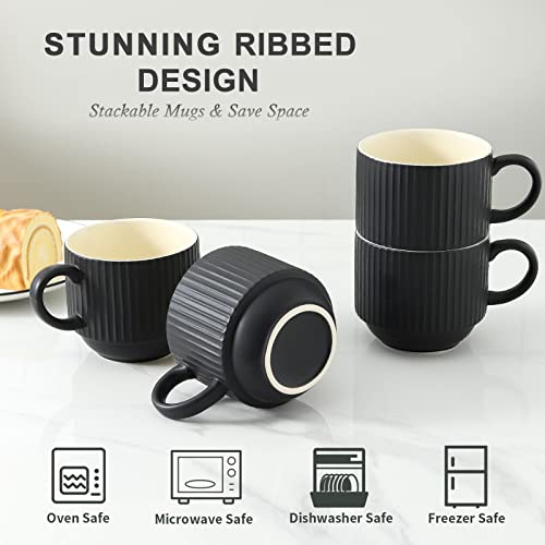 Hasense Coffee Mug Ceramic Set of 4 with Stand - 15 oz Stackable Large Porcelain Ribbed Latte Cup Set for Cappuccino, Tea, Hot Cocoa, Drinks - Dishwasher & Microwave Safe, Black