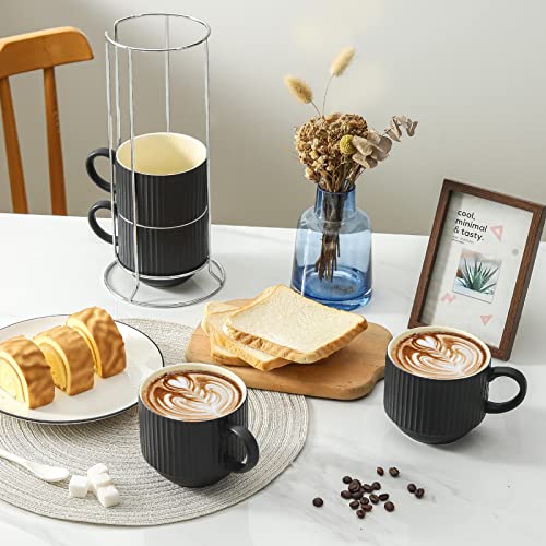 Hasense Coffee Mug Ceramic Set of 4 with Stand - 15 oz Stackable Large Porcelain Ribbed Latte Cup Set for Cappuccino, Tea, Hot Cocoa, Drinks - Dishwasher & Microwave Safe, Black