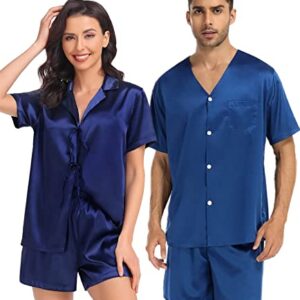 SWOMOG Womens Silk Satin Pajamas Sets Short Sleeve Sleepwear Tie Front PJs Sets Two-Pieces Loungewear