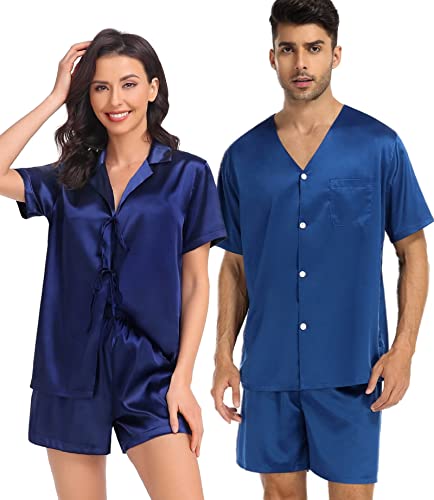 SWOMOG Womens Silk Satin Pajamas Sets Short Sleeve Sleepwear Tie Front PJs Sets Two-Pieces Loungewear