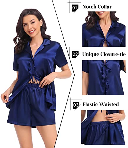 SWOMOG Womens Silk Satin Pajamas Sets Short Sleeve Sleepwear Tie Front PJs Sets Two-Pieces Loungewear