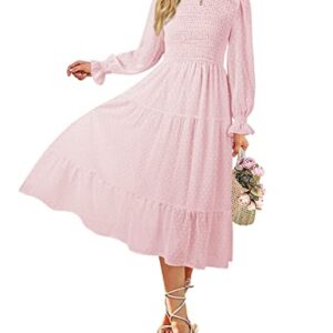 MEROKEETY Women's Long Sleeve Round Neck Smocked Elastic Waist A Line Tiered Dress,Pink,M