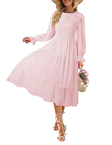 MEROKEETY Women's Long Sleeve Round Neck Smocked Elastic Waist A Line Tiered Dress,Pink,M