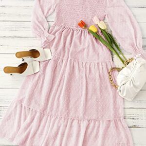 MEROKEETY Women's Long Sleeve Round Neck Smocked Elastic Waist A Line Tiered Dress,Pink,M