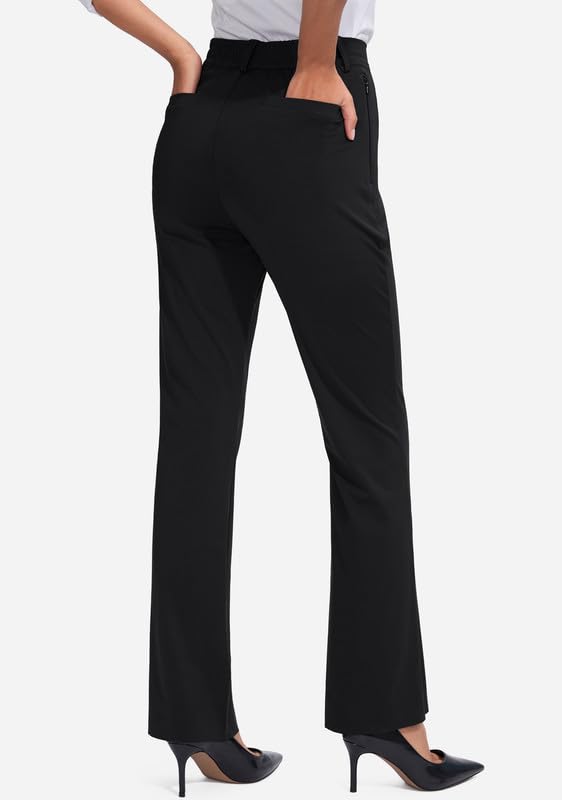 Rammus Womens Straight Leg Casual Pants with Zipper Pockets Stretch Dress Work Pants for Women Business Office Slacks Black