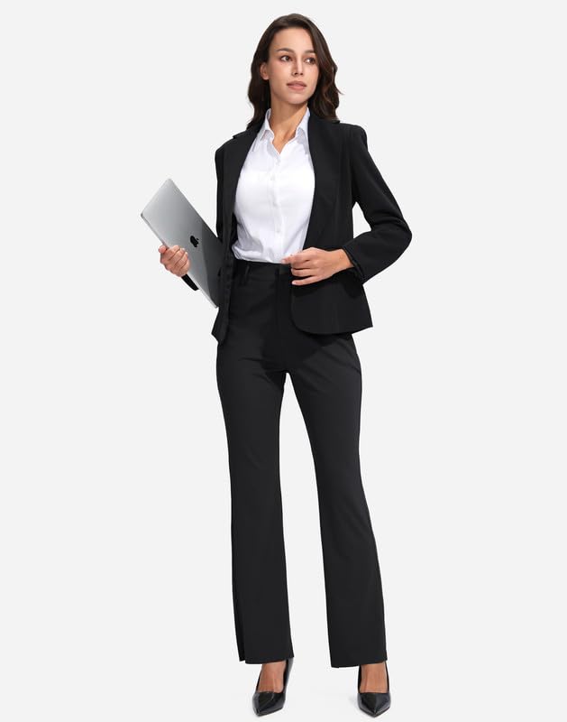 Rammus Womens Straight Leg Casual Pants with Zipper Pockets Stretch Dress Work Pants for Women Business Office Slacks Black