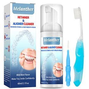 melanther retainer cleaner with toothbrush - braces/aligner cleaner whitening foam for clearcorrect, essix, vivera & hawley trays/aligners, denture cleaner & fights bad breath (60 ml)
