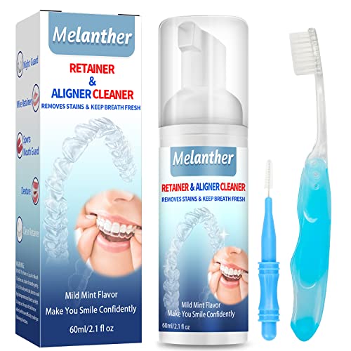 Melanther Retainer Cleaner with Toothbrush - Braces/Aligner Cleaner Whitening Foam for ClearCorrect, Essix, Vivera & Hawley Trays/Aligners, Denture Cleaner & Fights Bad Breath (60 ml)