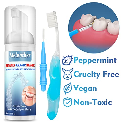 Melanther Retainer Cleaner with Toothbrush - Braces/Aligner Cleaner Whitening Foam for ClearCorrect, Essix, Vivera & Hawley Trays/Aligners, Denture Cleaner & Fights Bad Breath (60 ml)