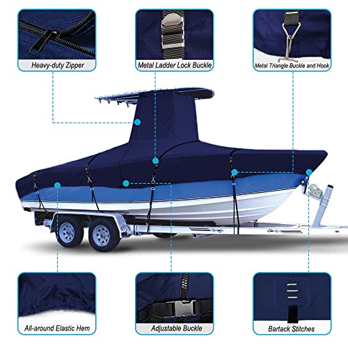 zenicham 900D Marine Grade Fade and Tear Resistant Trailerable T-Top Boat Cover，Heavy-Duty Waterproof and UV-Proof TTOP Boat Storage Cover with Windproof Metal Buckle Straps Fit 20ft-22ft L(Navy)