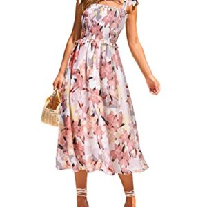 PRETTYGARDEN Women Summer Dresses 2023 Tie Strap Square Neck Smocked Ruffle Flowy Floral Print Boho Maxi Cocktail Dress(Floral Pink,X-Large)