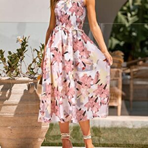 PRETTYGARDEN Women Summer Dresses 2023 Tie Strap Square Neck Smocked Ruffle Flowy Floral Print Boho Maxi Cocktail Dress(Floral Pink,X-Large)