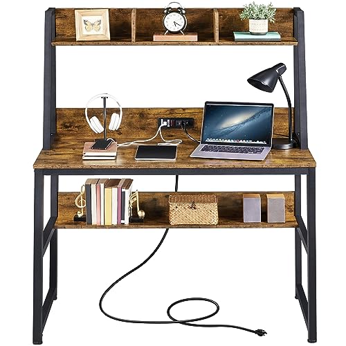 Yaheetech 47 in Modern Computer Desk with Power Outlets and 2 USB Ports, Home Office Study Writing Desk with Hutch and Bookshelf, Large Workstation Gaming Table with Charging Station, Rustic Brown