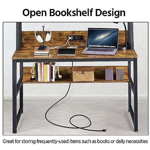 Yaheetech 47 in Modern Computer Desk with Power Outlets and 2 USB Ports, Home Office Study Writing Desk with Hutch and Bookshelf, Large Workstation Gaming Table with Charging Station, Rustic Brown