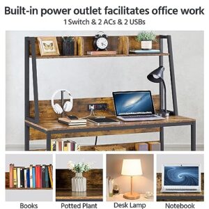 Yaheetech 47 in Modern Computer Desk with Power Outlets and 2 USB Ports, Home Office Study Writing Desk with Hutch and Bookshelf, Large Workstation Gaming Table with Charging Station, Rustic Brown