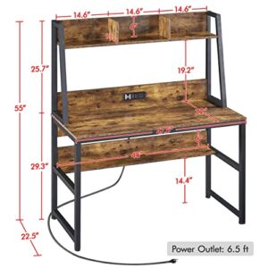 Yaheetech 47 in Modern Computer Desk with Power Outlets and 2 USB Ports, Home Office Study Writing Desk with Hutch and Bookshelf, Large Workstation Gaming Table with Charging Station, Rustic Brown