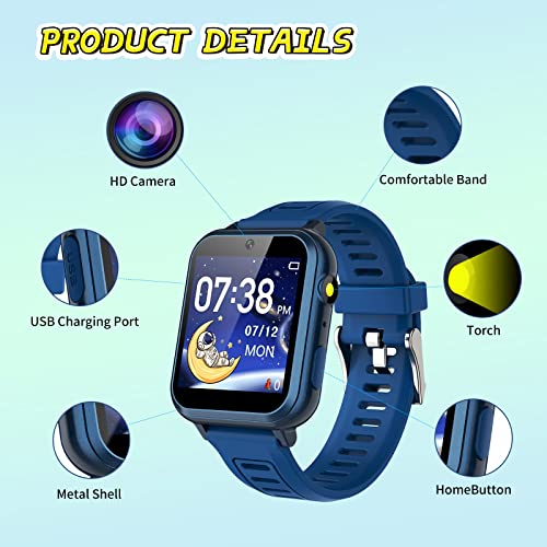 Vakzovy Kids Smart Watch Boys Girls Gifts for 3-12 Year Old, 24 Games HD Touch Screen Camera Video Music Pedometer Flashlight Alarm Clock Smart Watch for Kids Birthday Gifts for 6 7 8 9 Year Olds