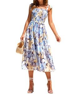 prettygarden women summer dresses 2023 tie strap square neck smocked ruffle flowy floral print boho maxi cocktail dress(floral white blue,large)