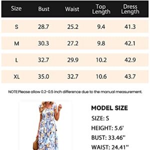 PRETTYGARDEN Women Summer Dresses 2023 Tie Strap Square Neck Smocked Ruffle Flowy Floral Print Boho Maxi Cocktail Dress(Floral White Blue,Large)