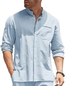 coofandy men beach shirts long sleeve linen button down mandarin collar vacation shirts sky blue