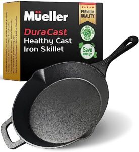 mueller pre-seasoned heavy-duty healthy cast iron skillet 10-inch, cast iron pan, dual handles & dual pouring lips, safe across all cooktops, oven, bbq, or campfire